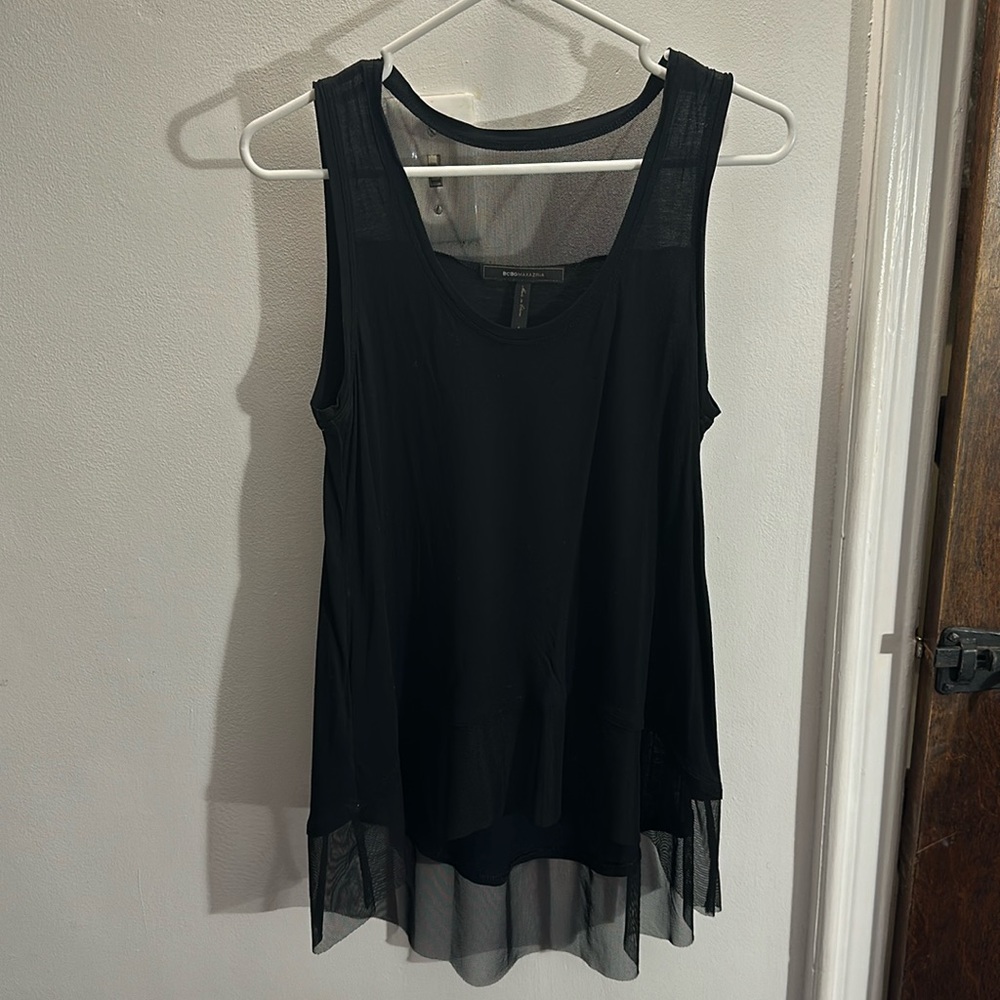 BCBG: Black tank top with gauze accents , size small